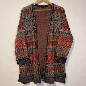Peruvian Connection Dauphine Long Cardigan Duster Metallic Aztec Size XL